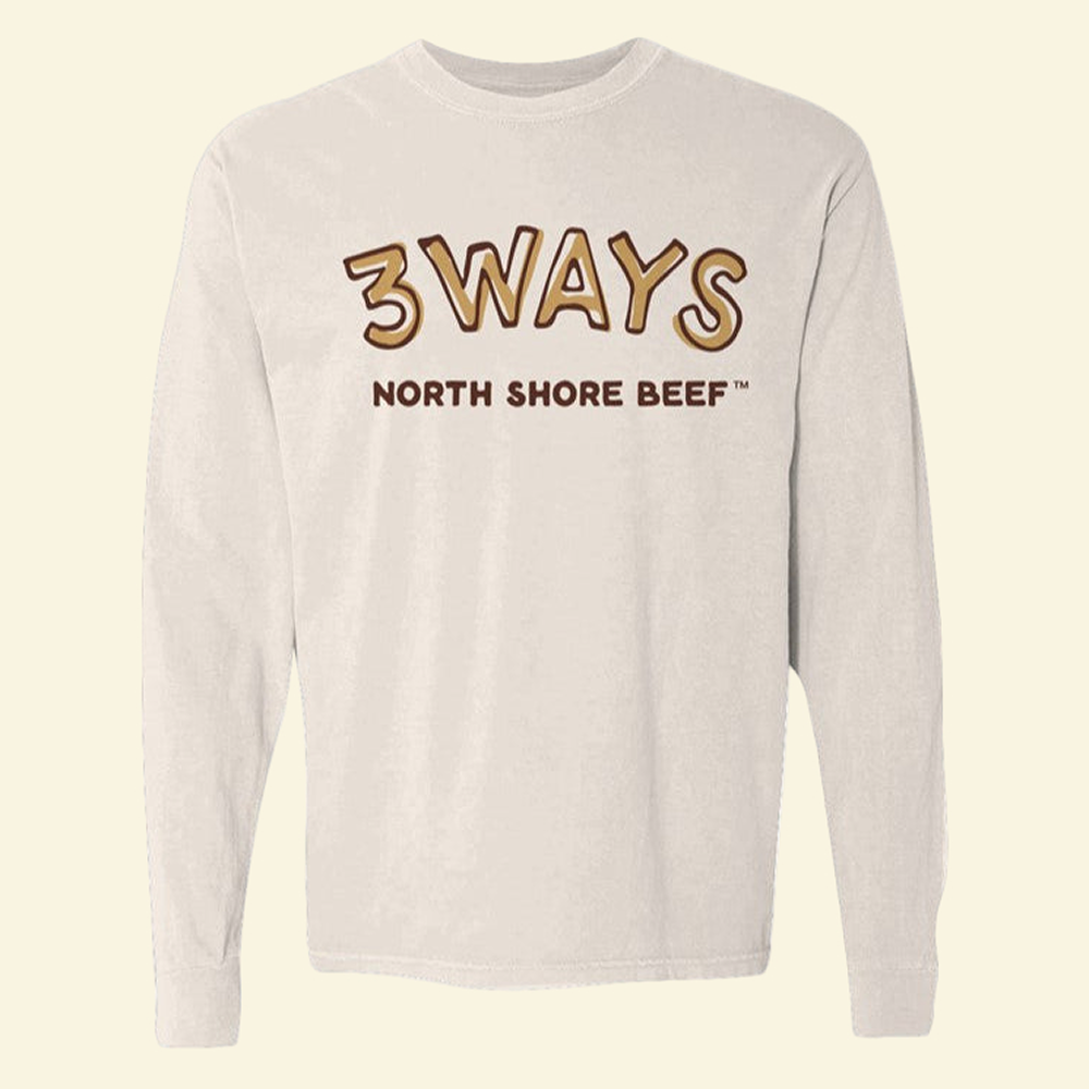 Ivory long sleeve clean chest logo with yellow and brown 3Ways North Shore Beef logo