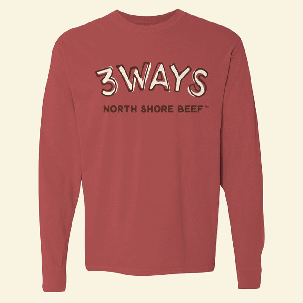 Brick long sleeve clean chest logo with brown and off white 3Ways North Shore Beef logo
