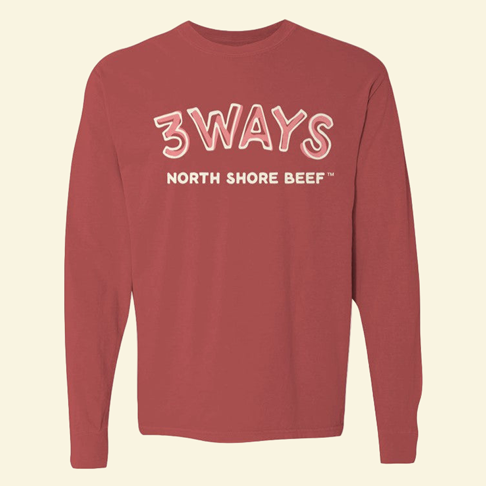 Brick long sleeve clean chest logo with pink and off white 3Ways North Shore Beef logo