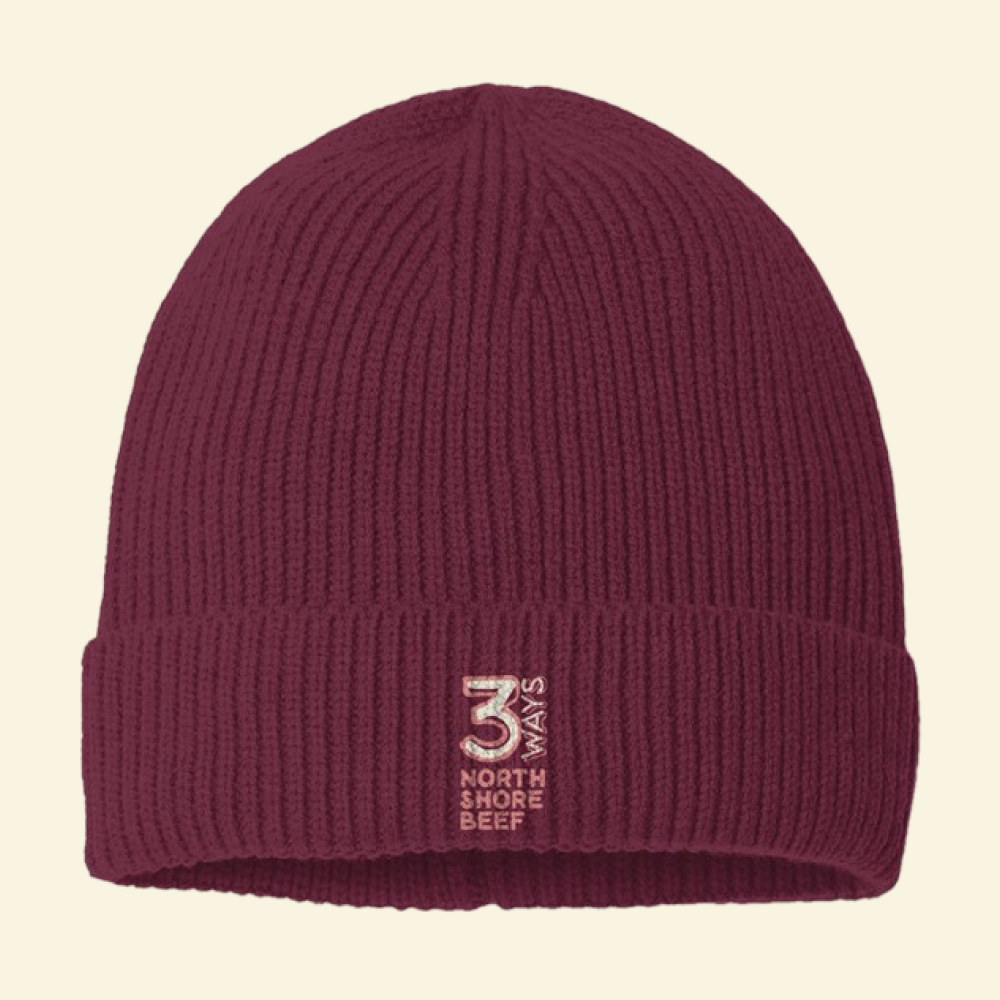 Knit Beanie Hat in Burgundy – Over the Top by 3Ways North Shore Beef™ with coral and cream embroidered vertical logo