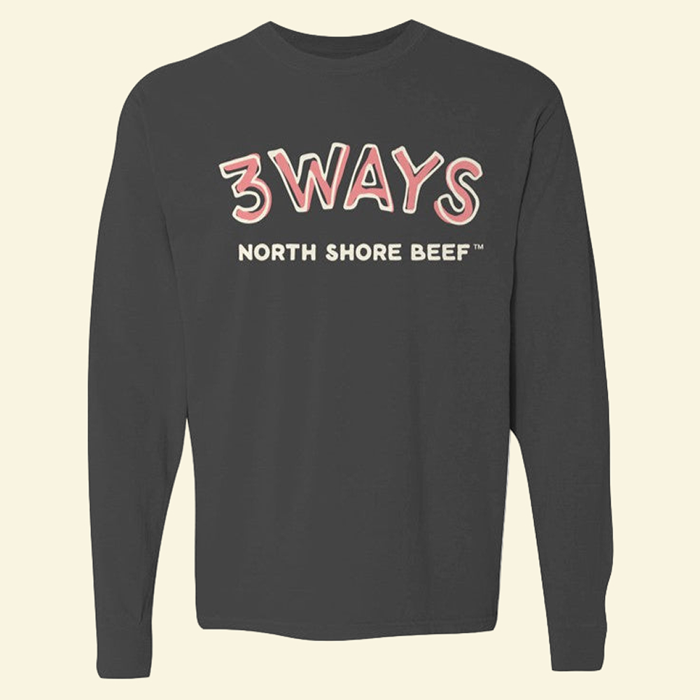 Black long sleeve clean chest logo with pink and off white 3Ways North Shore Beef logo