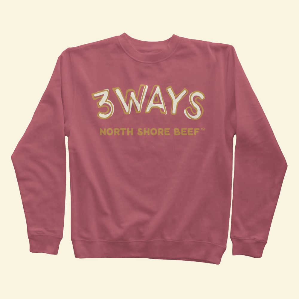 Pigment maroon crewneck sweatshirt with gold and off white 3Ways North Shore Beef logo