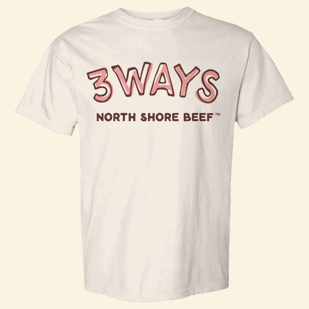 Ivory short sleeve tee with pink and brown 3Ways North Shore Beef logo