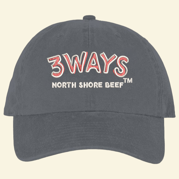 Charcoal hat with horizontal pink and off white 3Ways North Shore Beef logo