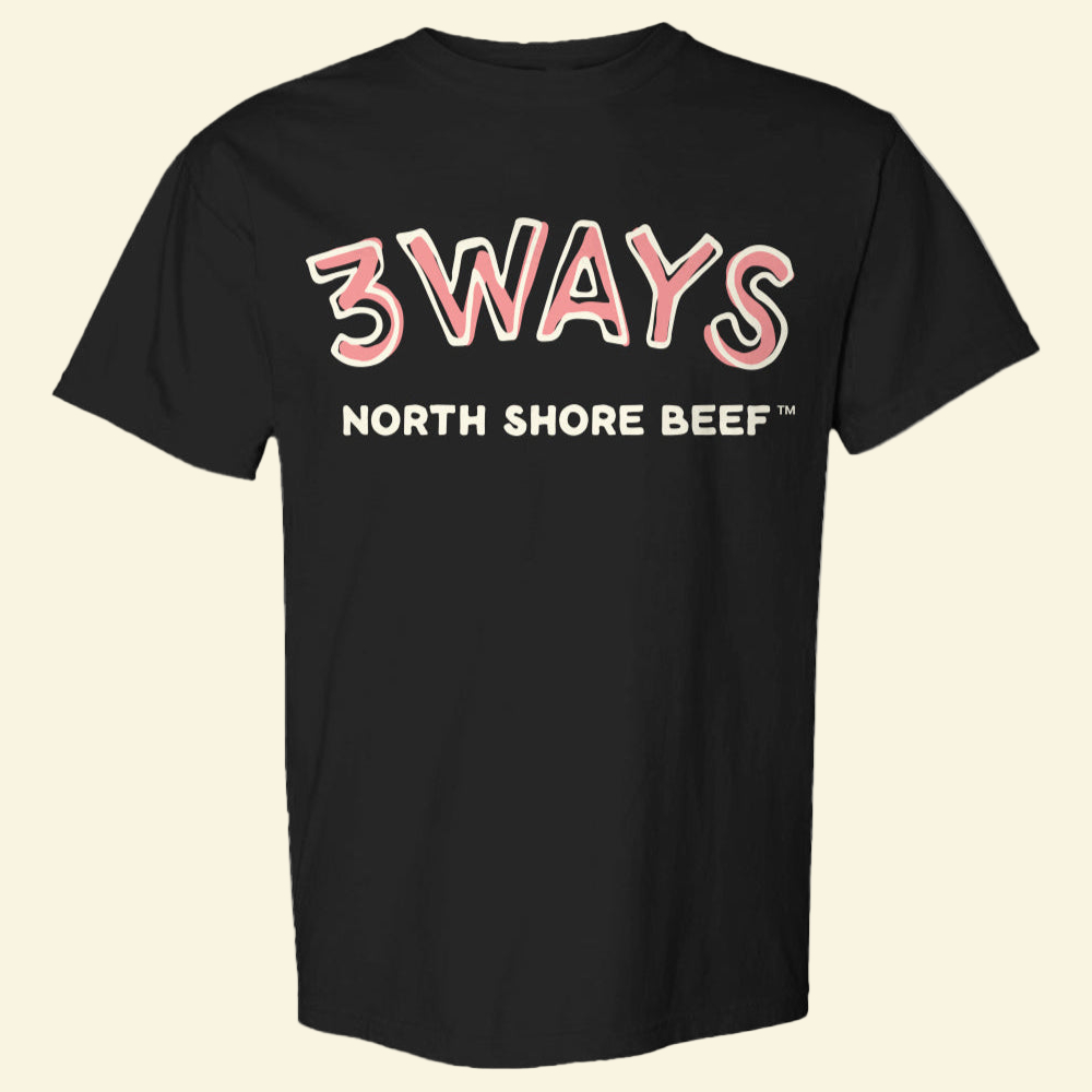 Black short sleeve tee with pink and off white 3Ways North Shore Beef logo