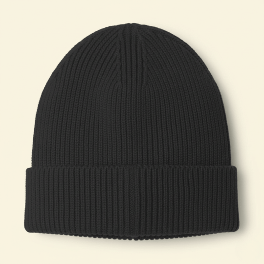 Back view of the black beanie, no branding