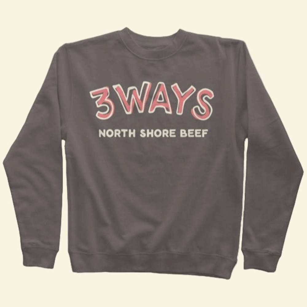 Pigment black crewneck sweatshirt with pink and off white 3Ways North Shore Beef logo