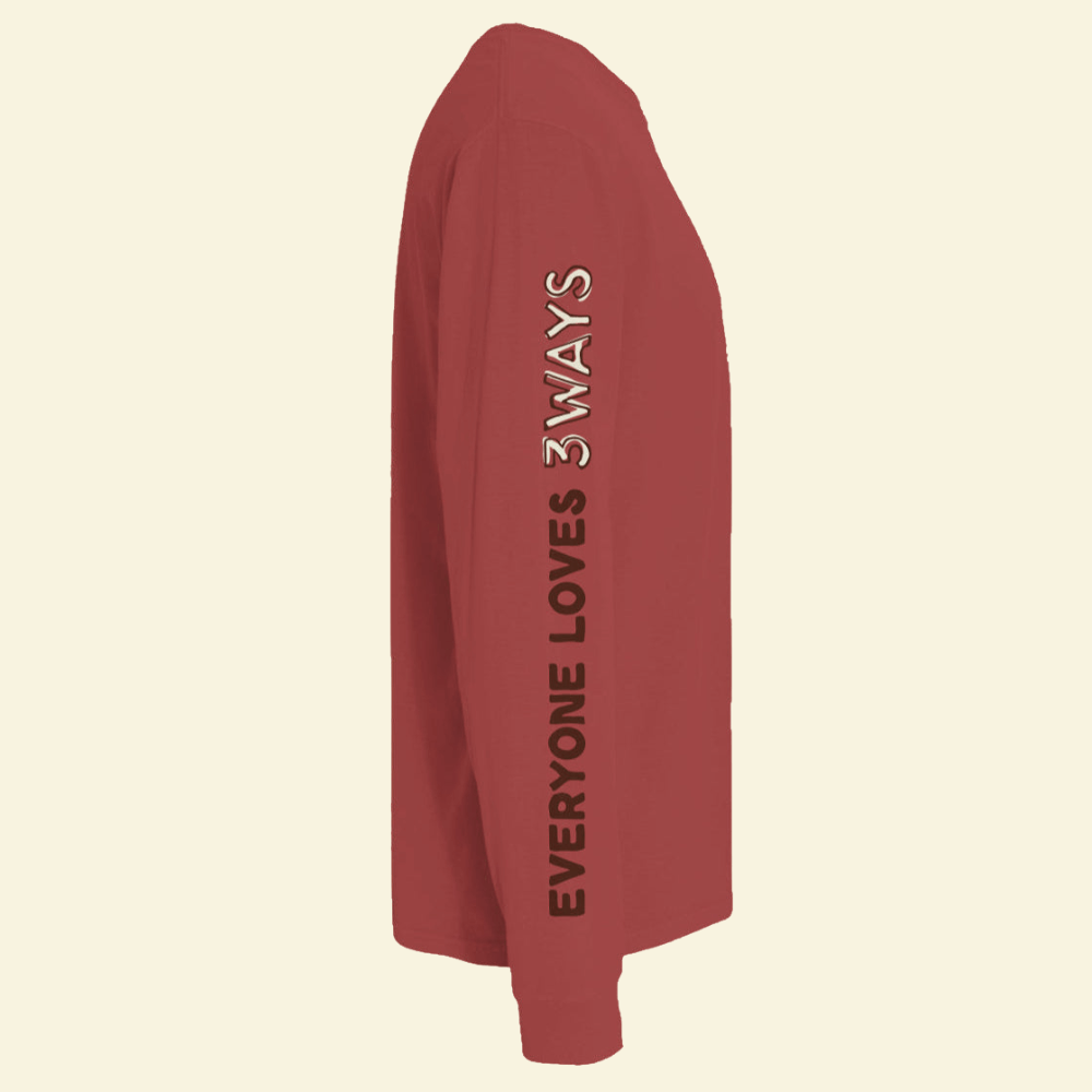 Borwn and Off White Everyone Loves 3WAYS on right sleeve on Brick Long Sleeve Tee