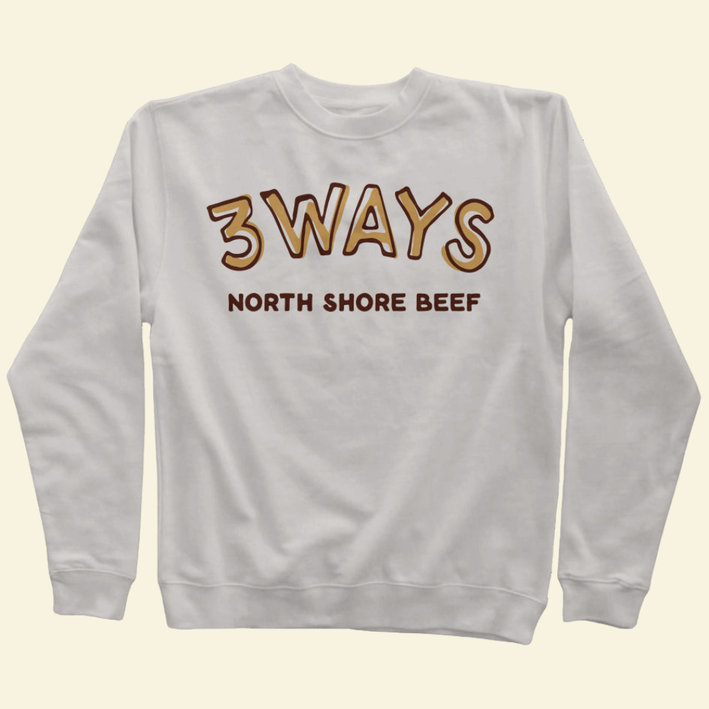 Pigment ivory crewneck sweatshirt with brown and gold 3Ways North Shore Beef logo