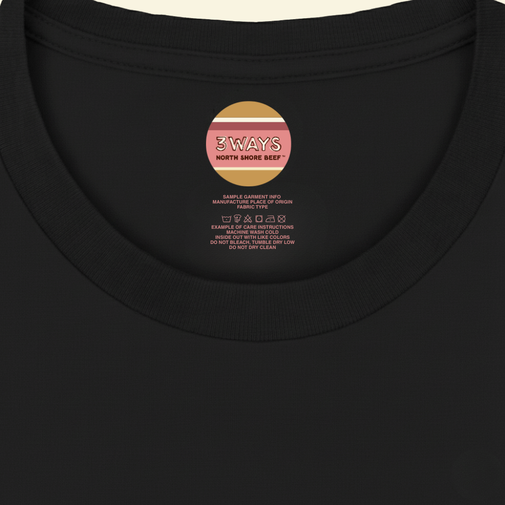 Neck view of black shirt showing the sample custom printed label