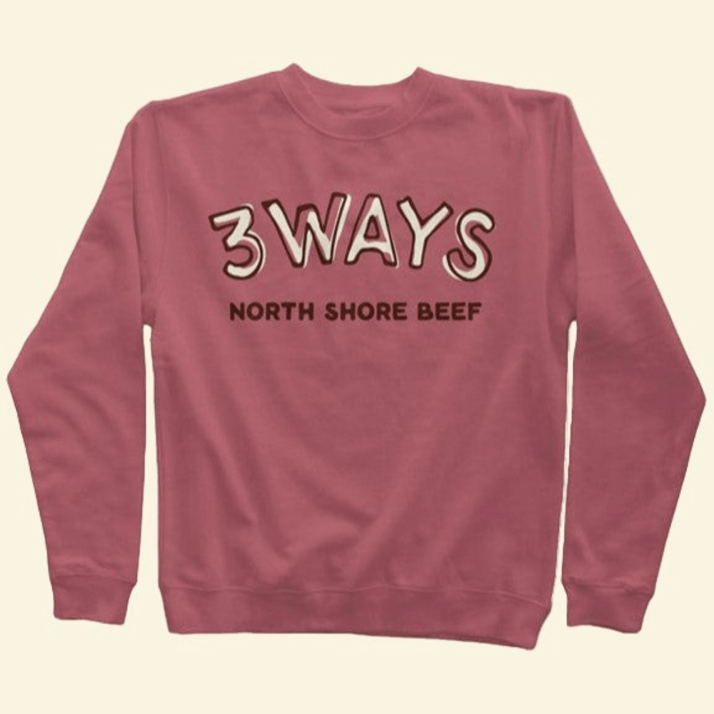 Pigment maroon crewneck sweatshirt with brown and off white 3Ways North Shore Beef logo