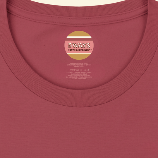 Neck view of the crimson t-shirt showing sample custom printed label