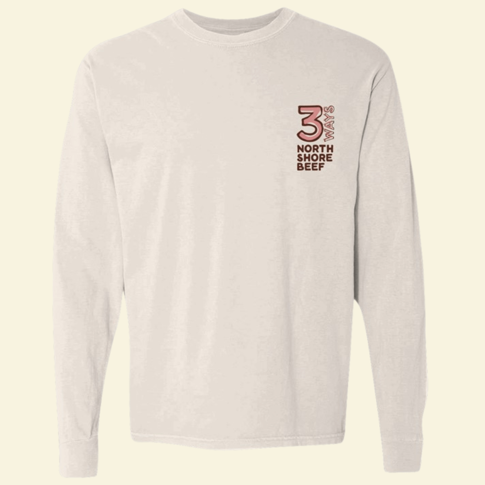 Veritcal Stacked Coral and Brick 3Ways Logo on left chest of ivory long sleeve tee