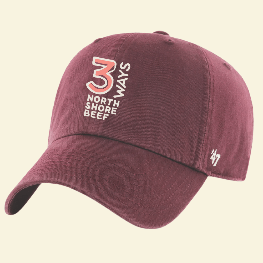 Maroon '47 Cap with stacked 3WAYS North Shore Beef Logo in Pink and White