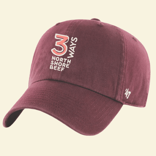 Maroon '47 Cap with stacked 3WAYS North Shore Beef Logo in Pink and White