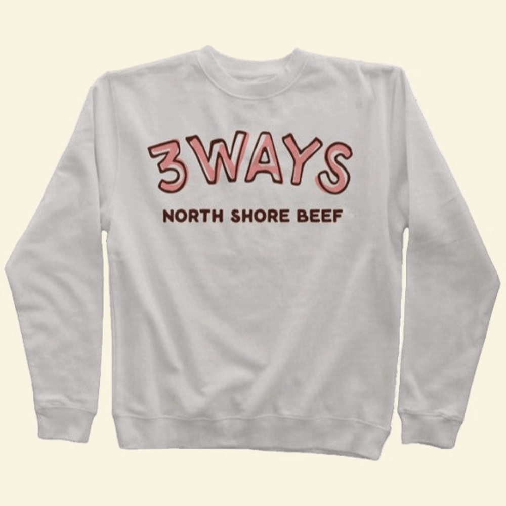Pigment ivory crewneck sweatshirt with brown and pink 3Ways North Shore Beef logo