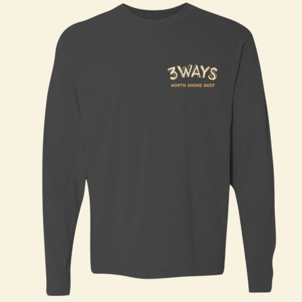horizontal Gold and white 3Ways logo on left chest of off black long sleeve shirt