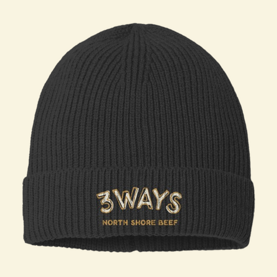 Knit Beanie Hat in Black – Headliner by 3Ways North Shore Beef™ with gold and cream embroidered horizontal logo