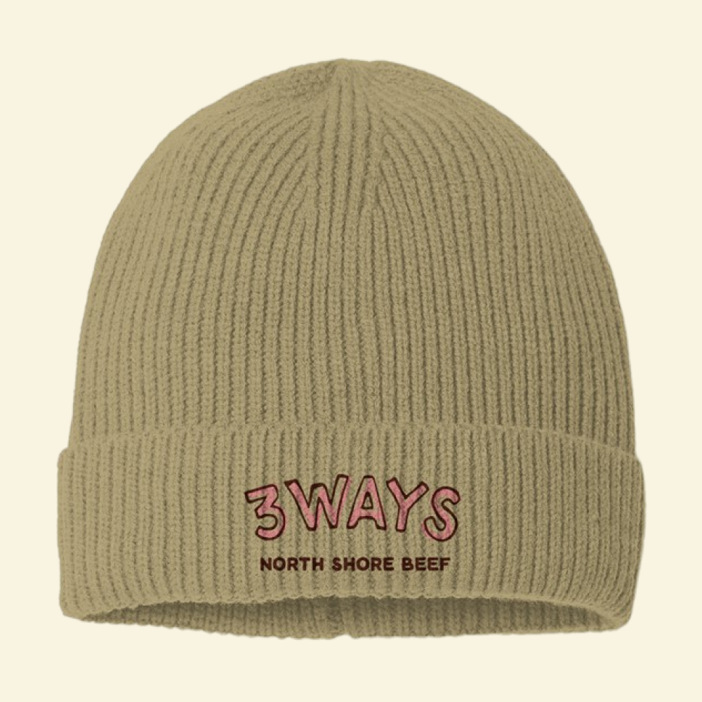 Knit Beanie Hat in Ivory – Layers by 3Ways North Shore Beef™ with coral and brown embroidered horizontal logo