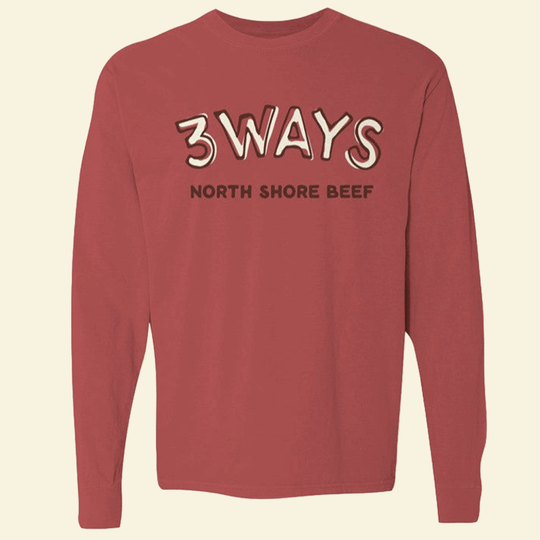 Brick long sleeve tee with large off-white and brown 3WAYS North Shore Beef™ logo across the chest