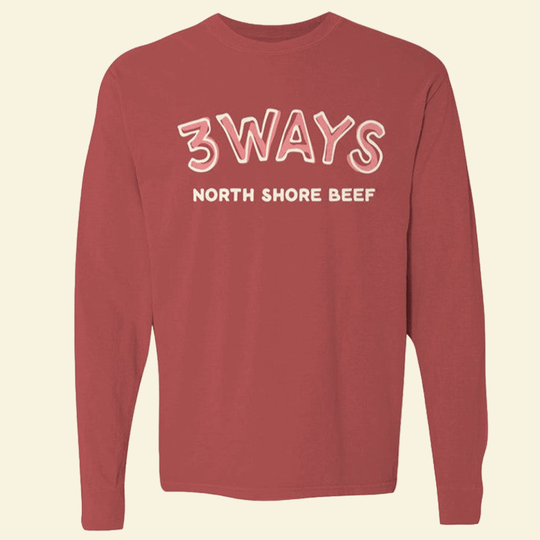 Brick long sleeve clean chest logo with pink and off white 3Ways North Shore Beef logo