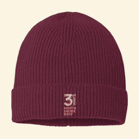Knit Beanie Hat in Burgundy – Over the Top by 3Ways North Shore Beef™ with coral and cream embroidered vertical logo