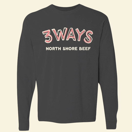 Black long sleeve clean chest logo with pink and off white 3Ways North Shore Beef logo