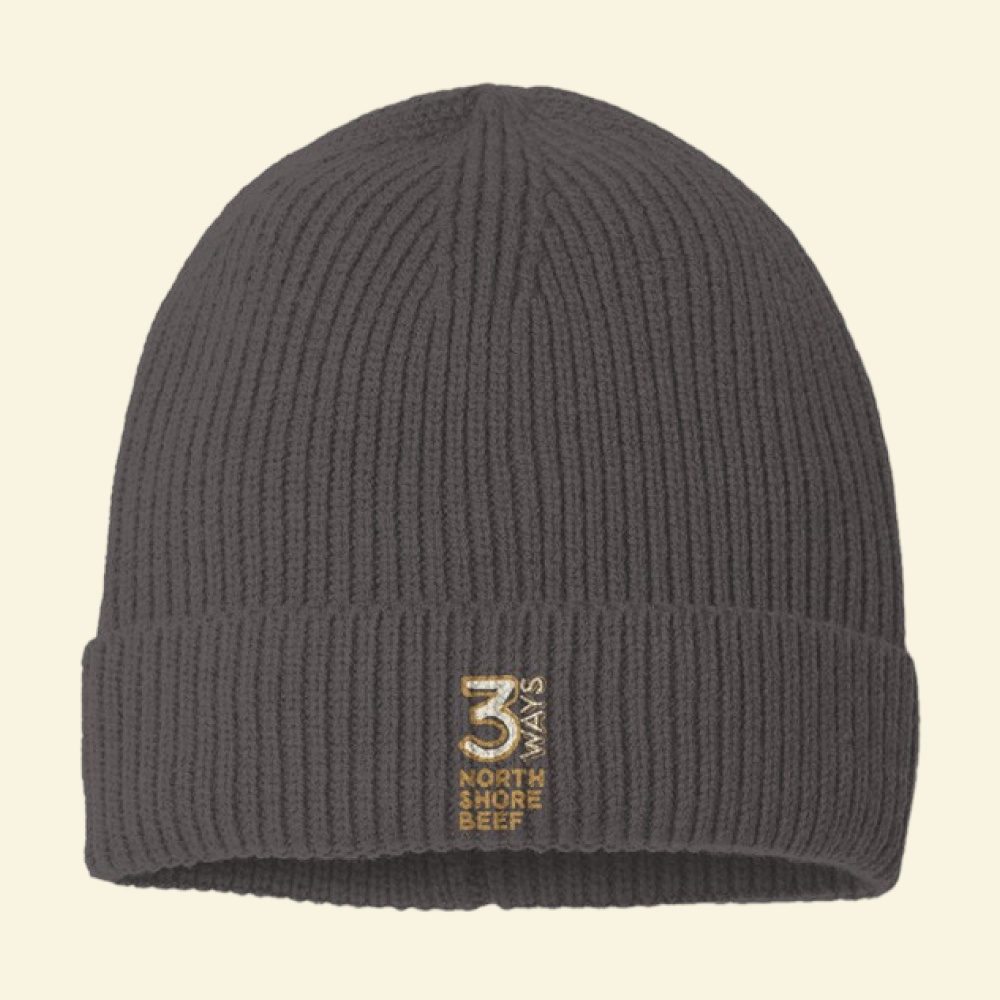 Knit Beanie Hat in Grey – Stand Tall by 3Ways North Shore Beef™ with gold and cream embroidered vertical logo