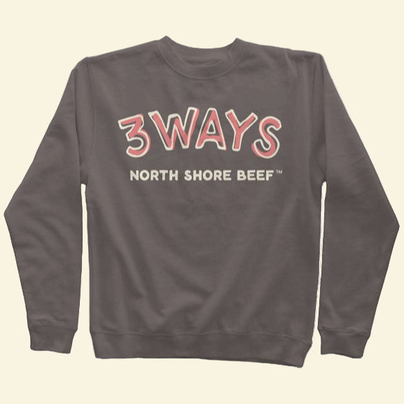 Pigment black crewneck sweatshirt with pink and off white 3Ways North Shore Beef logo
