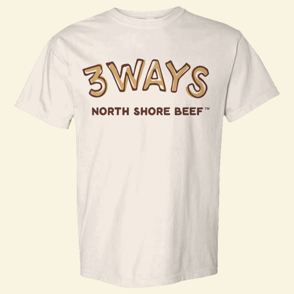 Ivory short sleeve tee with gold and brown 3Ways North Shore Beef logo