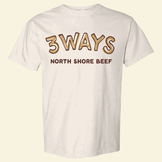 Ivory short sleeve tee with gold and brown 3Ways North Shore Beef logo