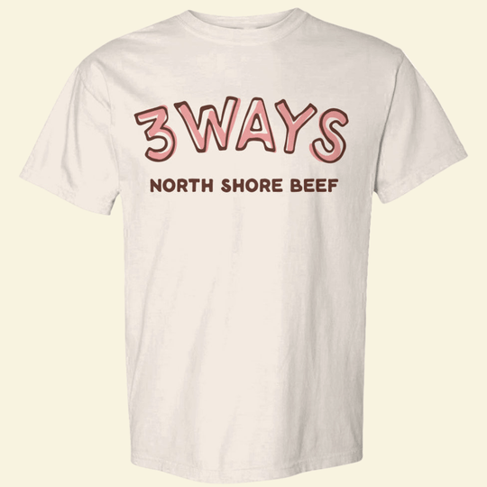 Ivory short sleeve tee with pink and brown 3Ways North Shore Beef logo