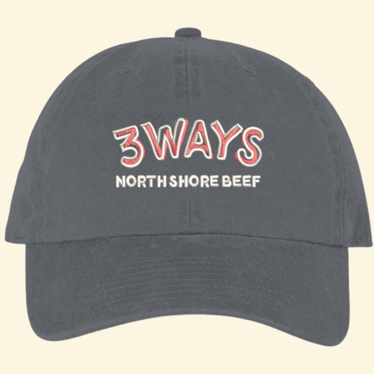 Charcoal hat with horizontal pink and off white 3Ways North Shore Beef logo