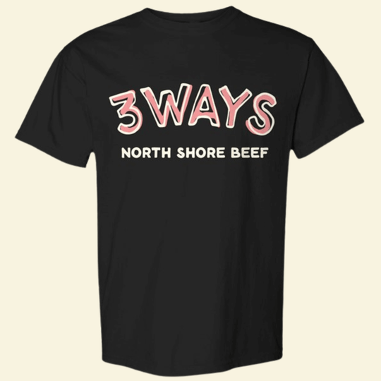 Black short sleeve tee with pink and off white 3Ways North Shore Beef logo