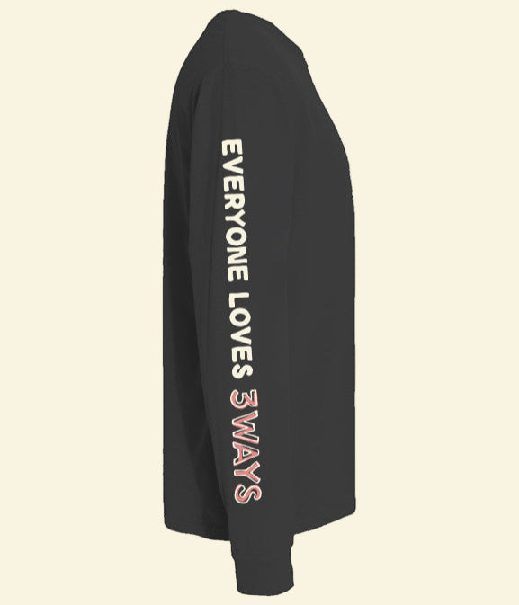 Black long sleeve premium tee with pink and off white 3Ways North Shore Beef logo side view