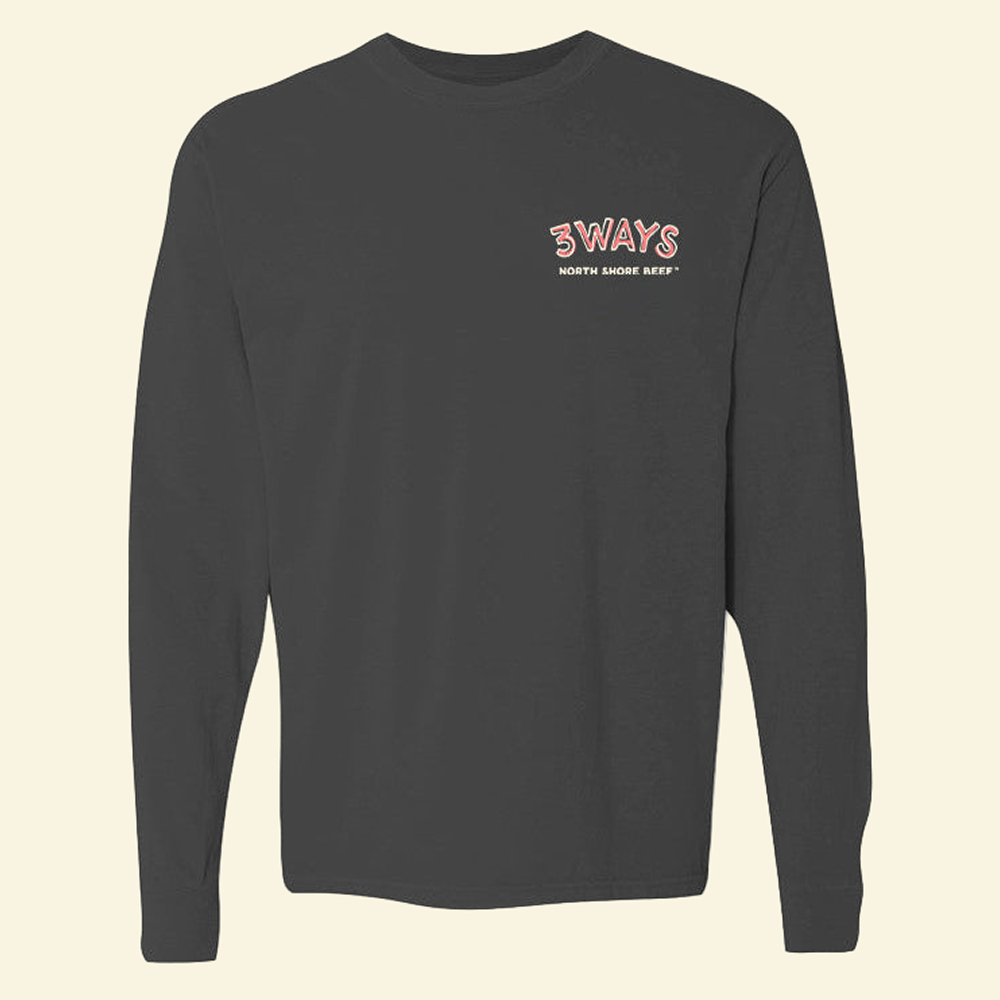 black long sleeve premium tee with pink and off white 3Ways North Shore Beef logo