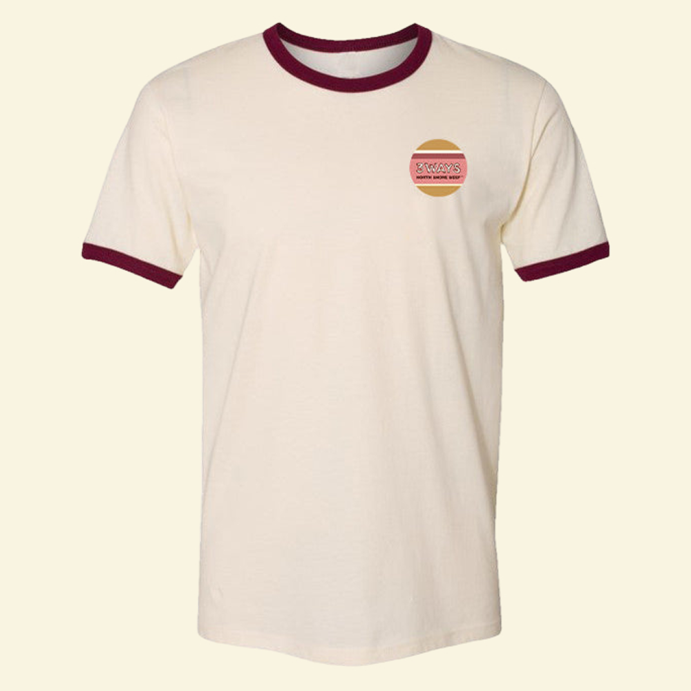Ivory Ringer T-Shirt with Maroon on Neck and Sleeves with Logo on Left Chest