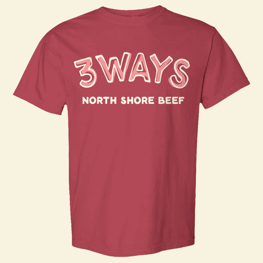 Brick short sleeve tee with pink and off white 3Ways North Shore Beef logo