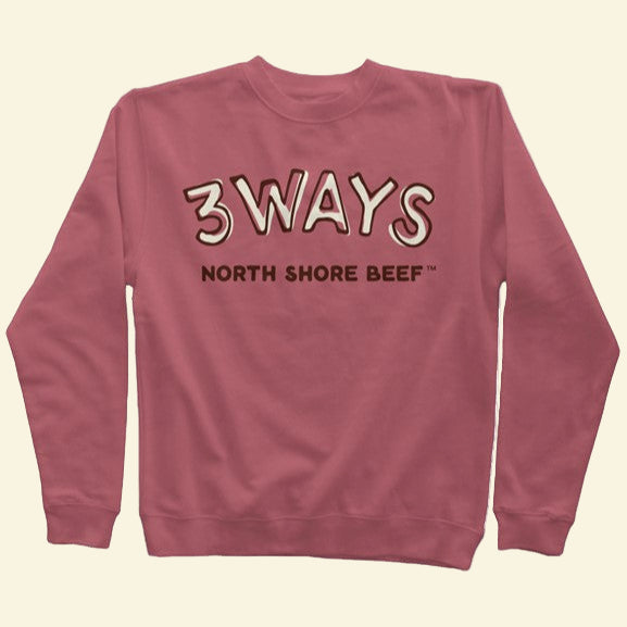 Pigment maroon crewneck sweatshirt with brown and off white 3Ways North Shore Beef logo