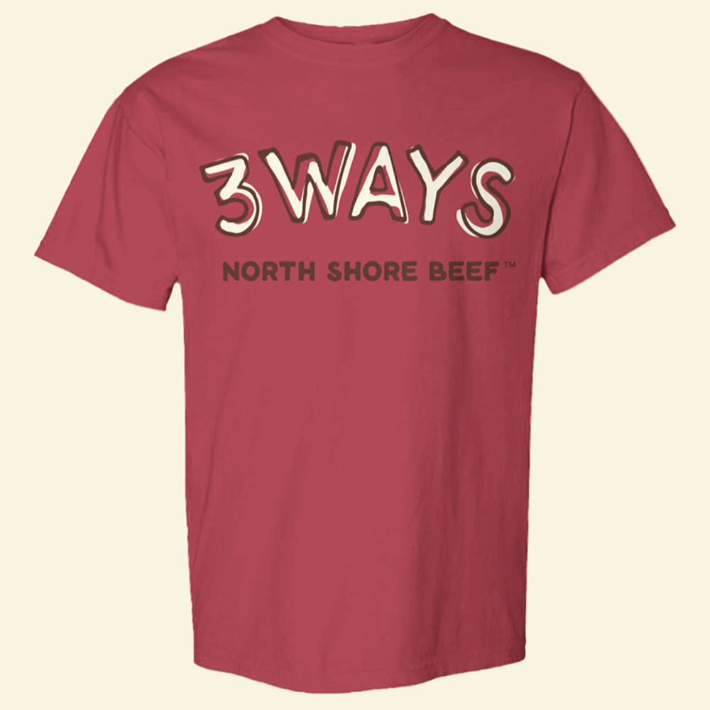 Brick short sleeve tee with brown and off white 3Ways North Shore Beef logo