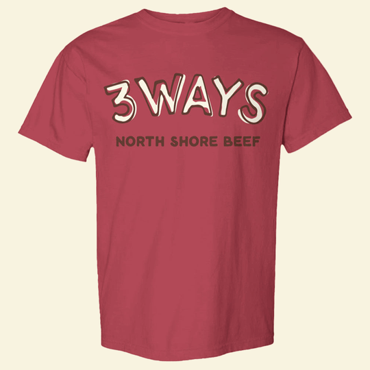 Brick short sleeve tee with brown and off white 3Ways North Shore Beef logo