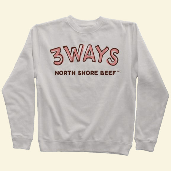 Pigment ivory crewneck sweatshirt with brown and pink 3Ways North Shore Beef logo