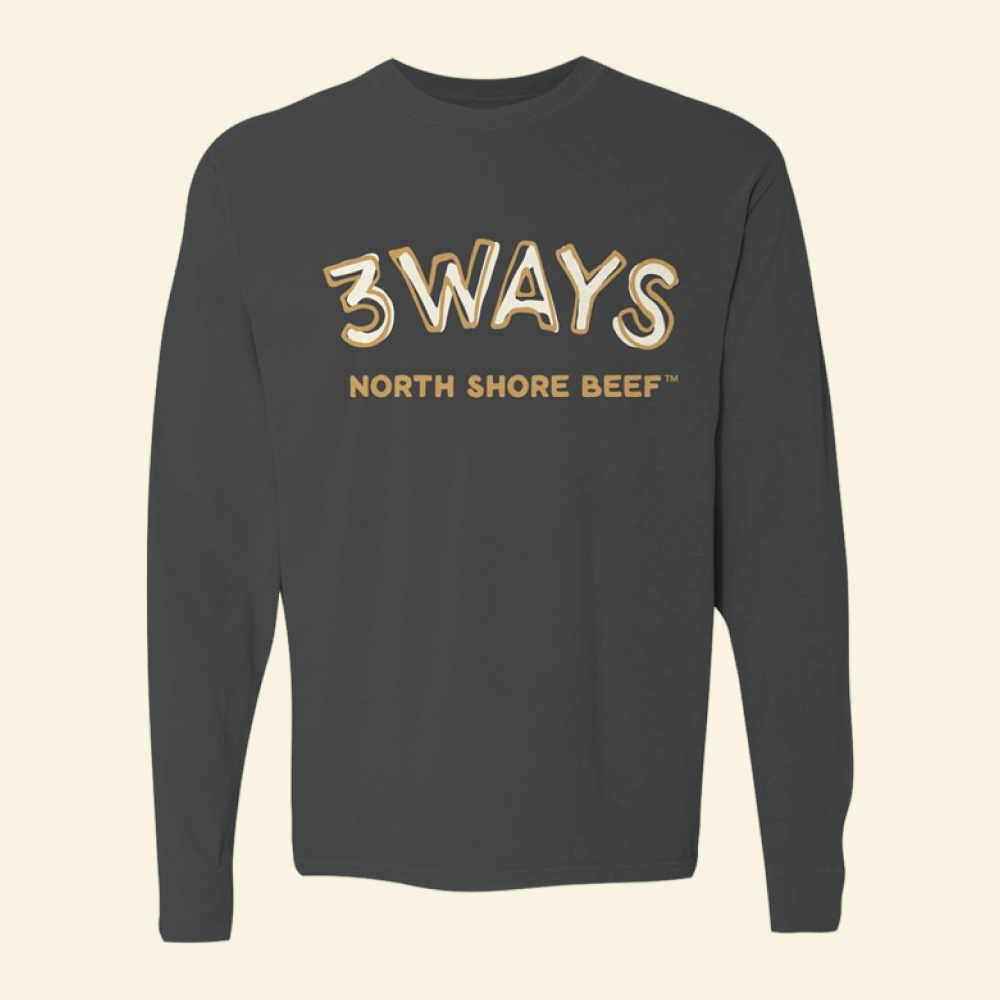 Long Sleeve T-Shirt in Black – The Toasty by 3Ways North Shore Beef™ with gold and off white logo