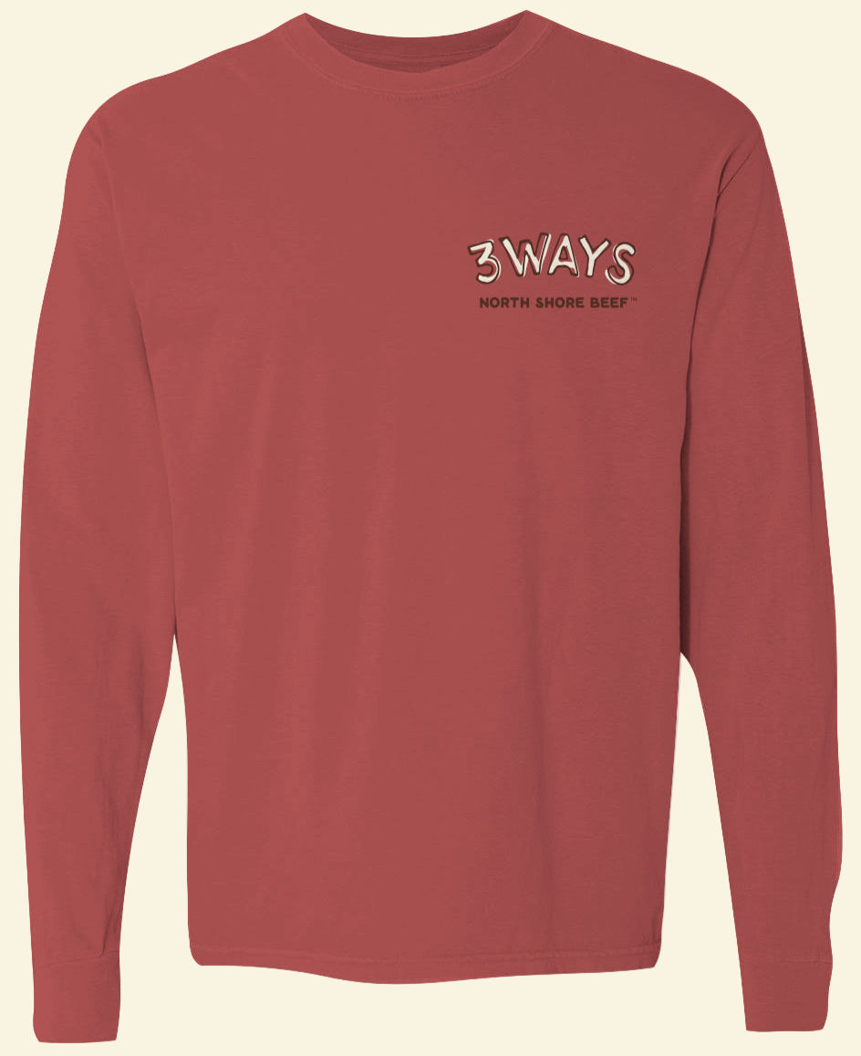 Brick long sleeve premium tee with off white and brown 3Ways North Shore Beef logo