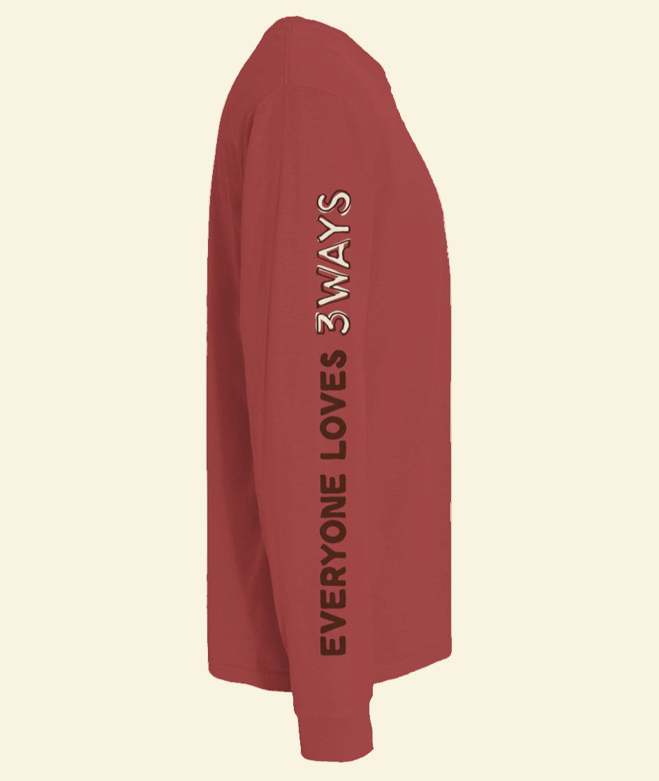 Brick long sleeve premium tee with off white and brown 3Ways North Shore Beef logo side view