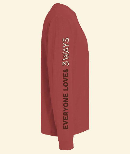 Brick long sleeve premium tee with off white and brown 3Ways North Shore Beef logo side view