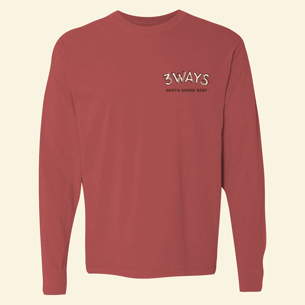 brick long sleeve premium tee with off white and brown 3Ways North Shore Beef logo