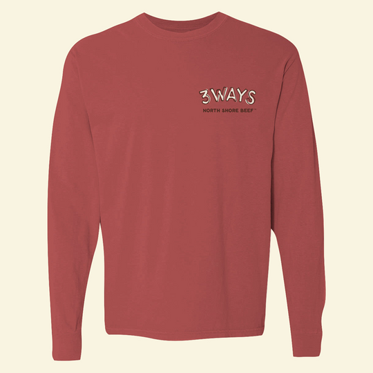 brick long sleeve premium tee with off white and brown 3Ways North Shore Beef logo